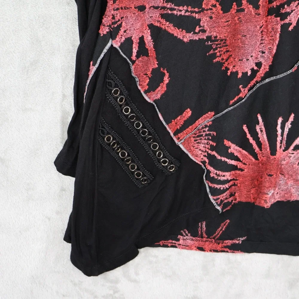 Paris Hues Embroidered Floral Tunic Top Women XL Black Boho Bohemian Art to Wear